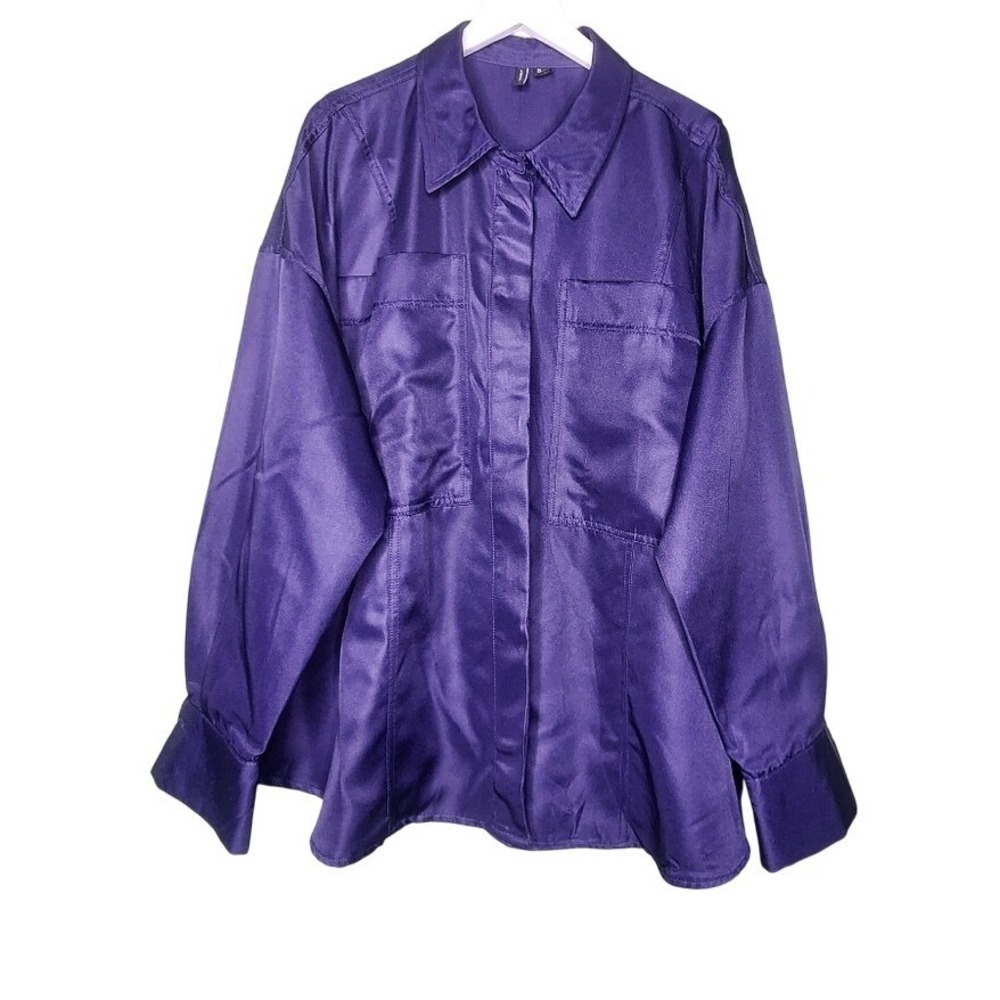Vero Moda Satin Button-Up Shirt Long Sleeve Purple Pockets Preppy Blouse XL
